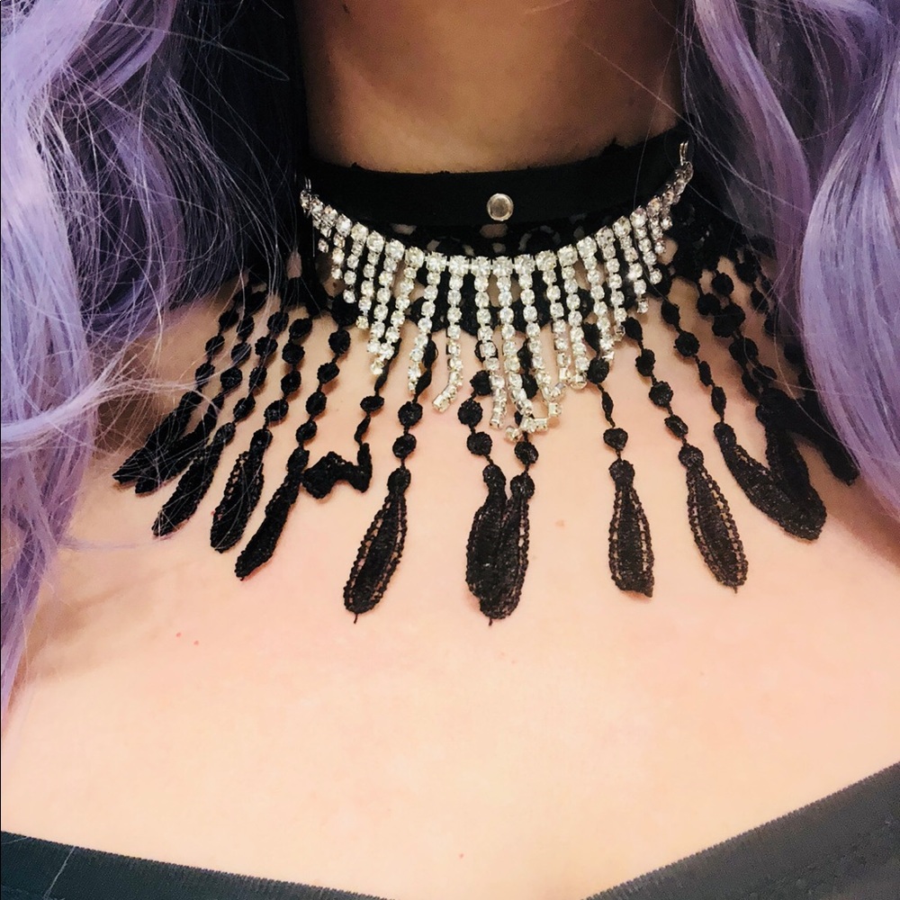 Lace, leather rhinestone choker